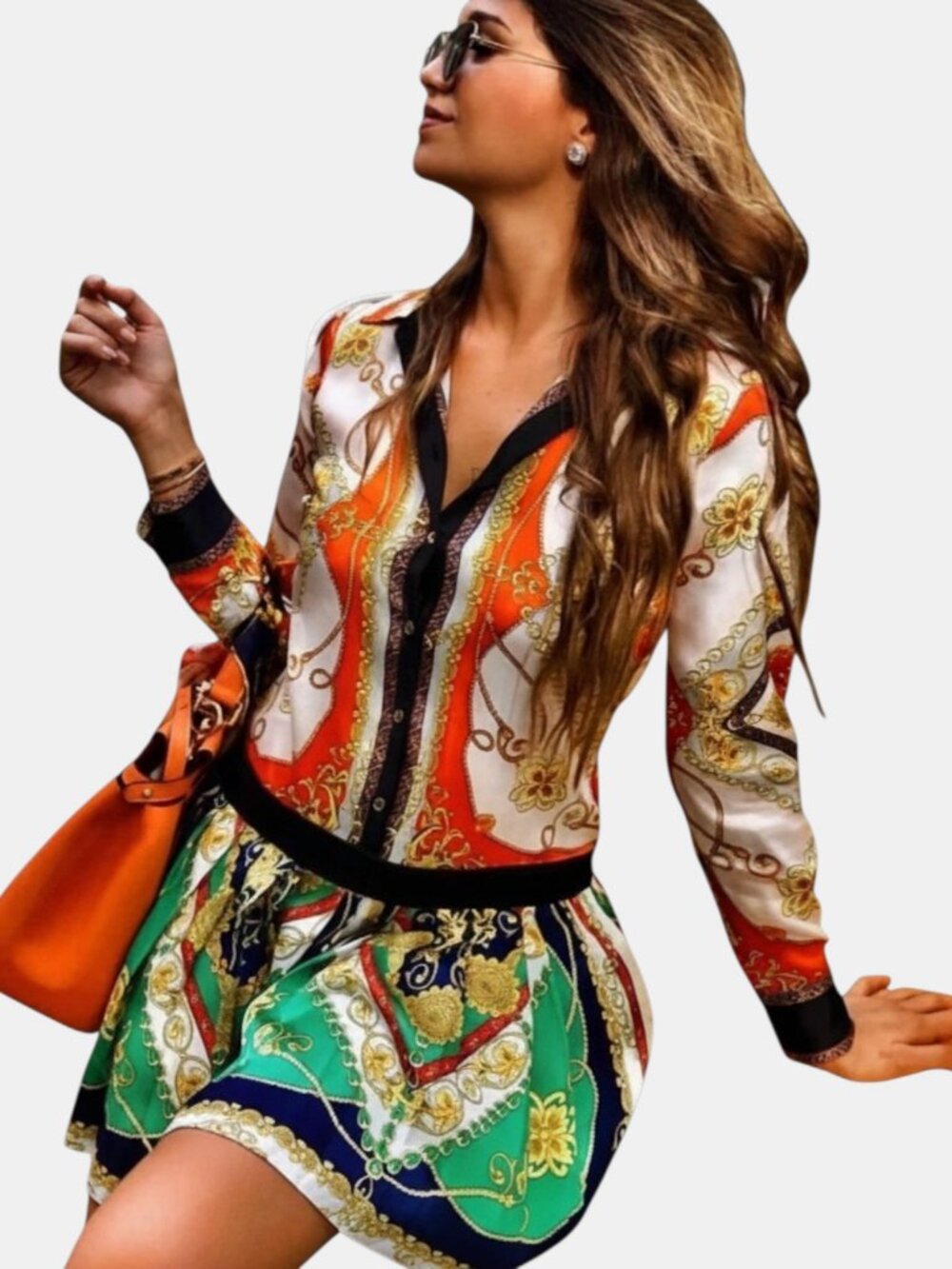 ZARA SATIN SCARF PRINT PLEATED MINI DRESS ORANGE GREEN GOLD CHAIN XS NWOT